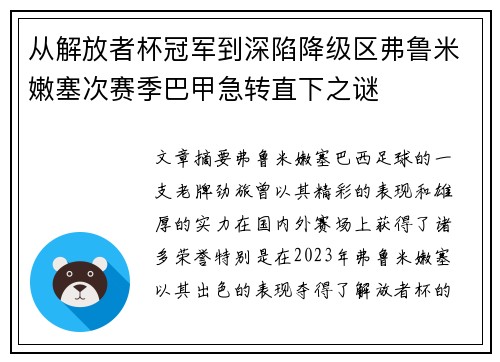 从解放者杯冠军到深陷降级区弗鲁米嫩塞次赛季巴甲急转直下之谜
